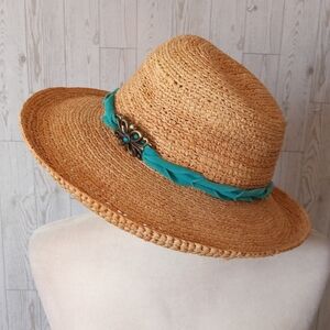 Scala Tan Straw Hat with Teal Charm Band